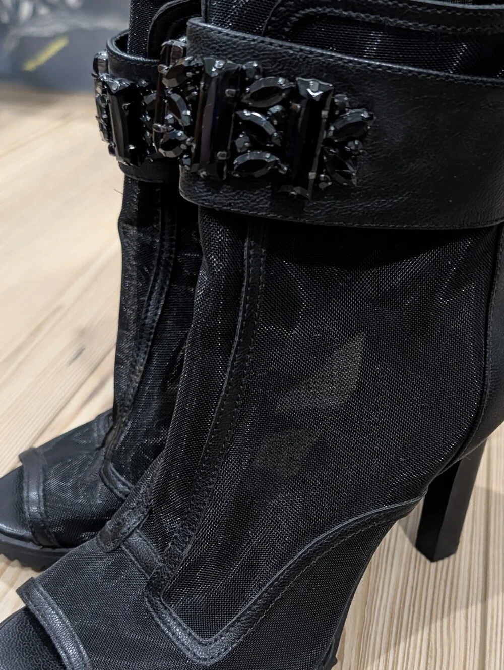 Karl Lagerfeld Black Mesh Peep-Toe Ankle Moto Boots with Embellished Strap